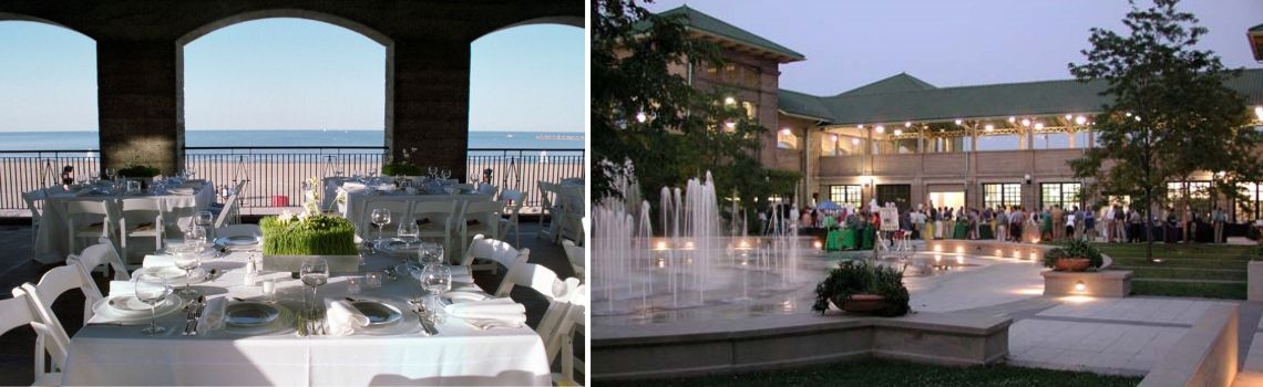 Beachfront reception tables and an outdoor event space with a fountain.
